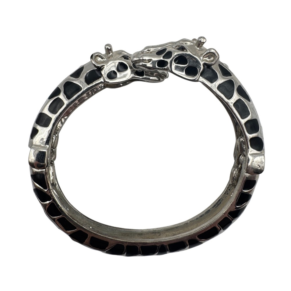 Vintage Kissing Head Bracelet Giraffe Hinged Clamper Black Enamel Silver Tone